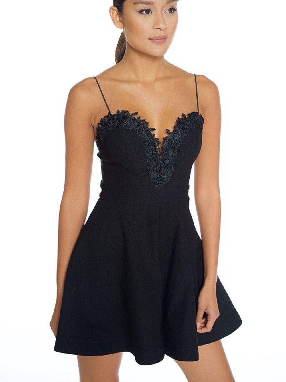 Luxxel Elegant V Neck Mini Dress Lace with Flared Bottom Thin Straps Large